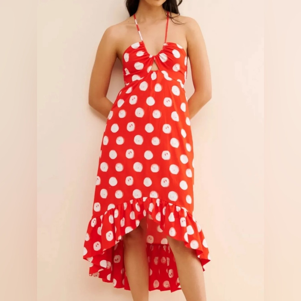 Plenty from Anthropoligie Red Dolka Dot High Low Dress